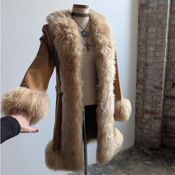 Vintage Tan Brown Suede Penny Lane Jacket Fur Furry Leather Trench Coat Small - Picture 8 of 13